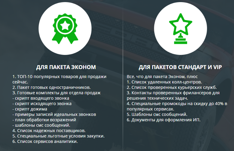 Отличия пакетов на тренинге "Товарная машина"